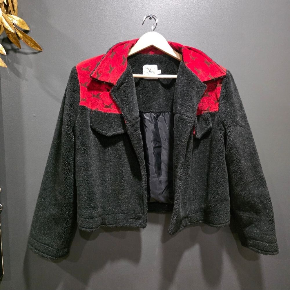 Vintage Red Black Crop Lined Leather Horse Trim Fleece Jacket Sz M WESTERN